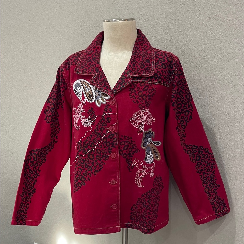 Denim&Co Boxy Red Black Leopard Print Denim Coat pockets paisley embroidery, 1X